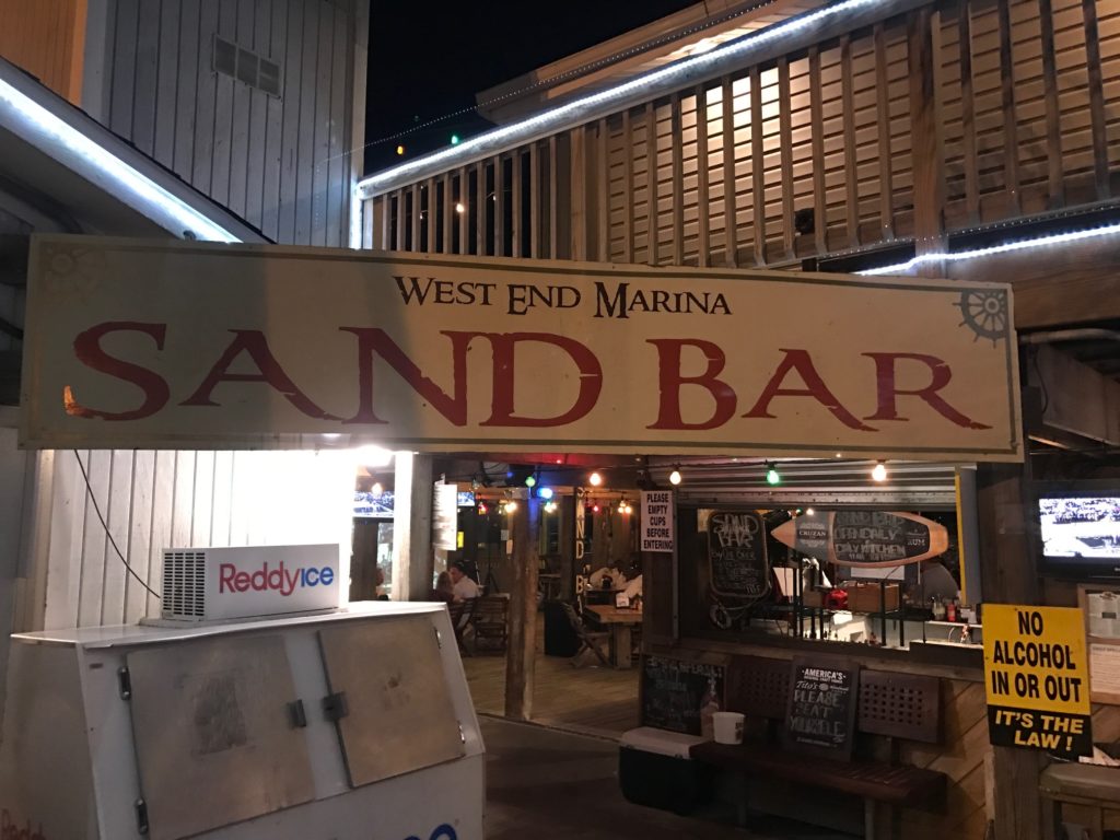 Sandbar sign The West End Marina and Restaurants